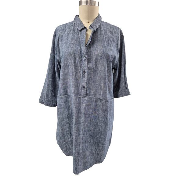 Eileen Fisher Hemp/Cotton Blend Denim Blue Top Tunic Short Dress Sz L - Picture 1 of 5